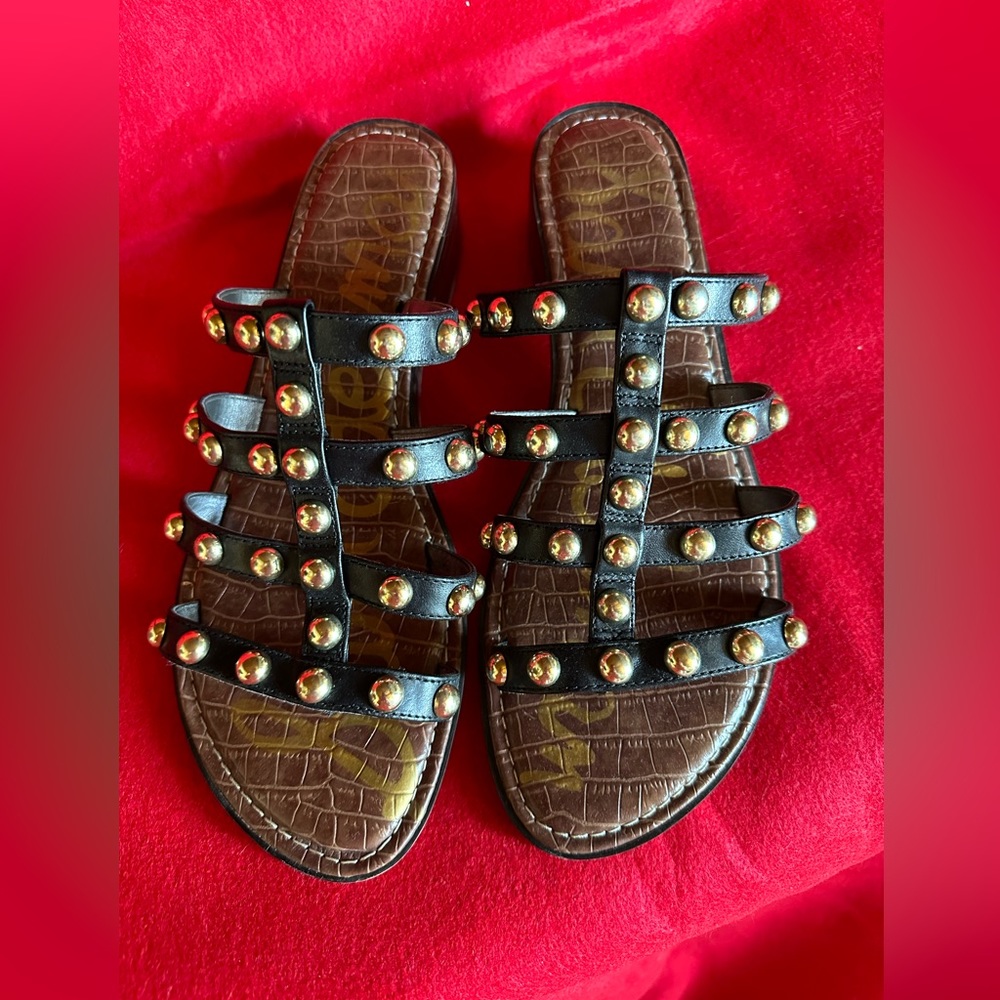 Sam Edelman black strappy slip on with gold studs.  Size 9.5